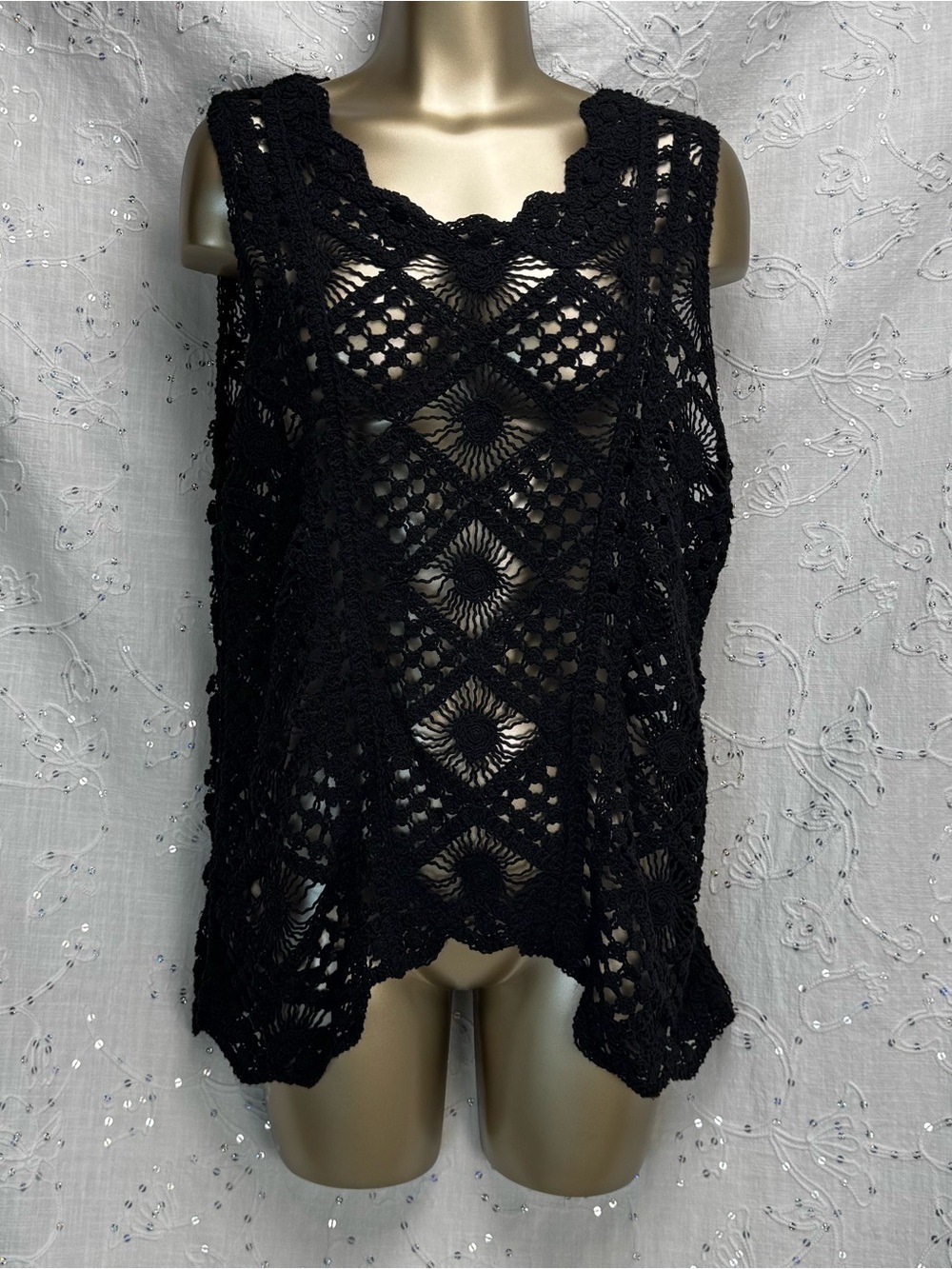 Ultra Pink Black Crochet Boho Tank Top Sleeveless Festival Cover Up Medium